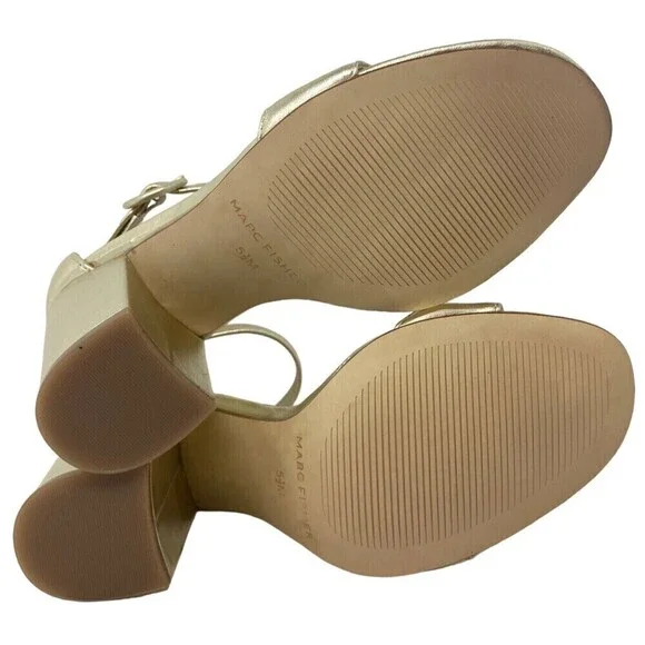 NEW Marc Fisher Magali Heel Size 5.5 M Leather Open Toe Shoe Ankle Strap Gold - Picture 9 of 12